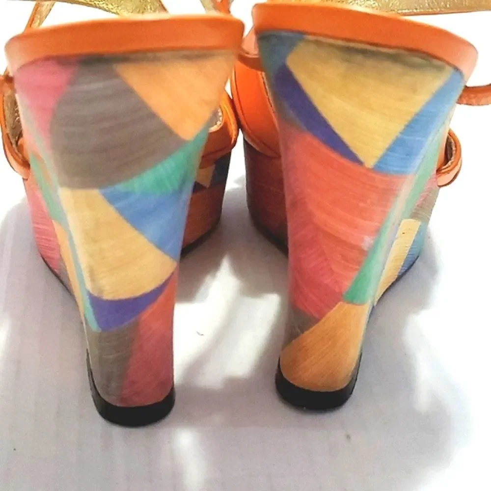 Adrianna Papell Colorful Artsy Orange Geometric Leather Platform Sandals 8M